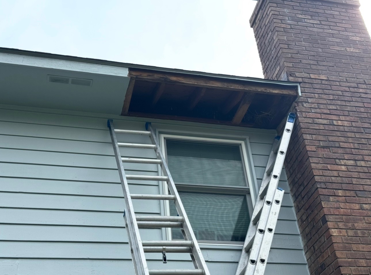 Exposed fascia and damaged roof edge before gutter replacement