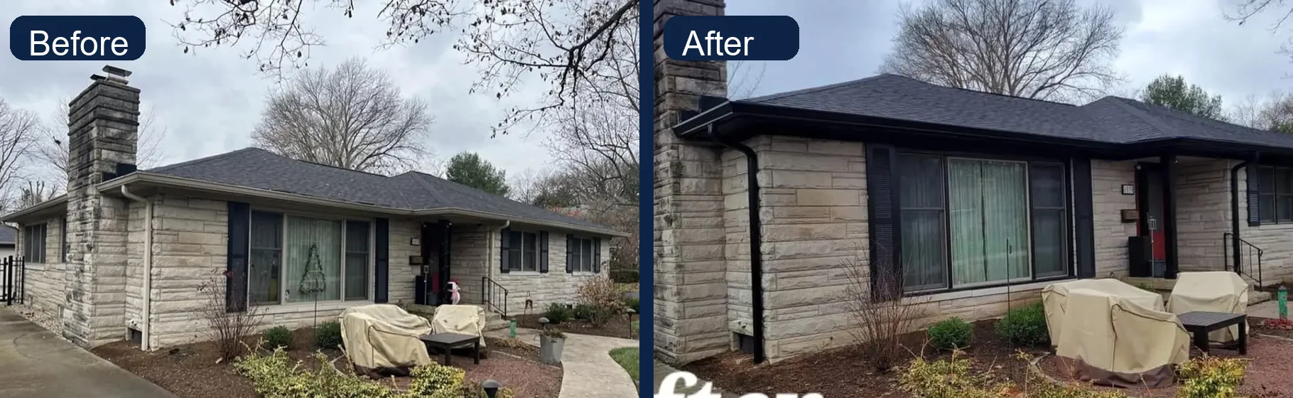 Before and after Bryant gutter project showing the completed roofline